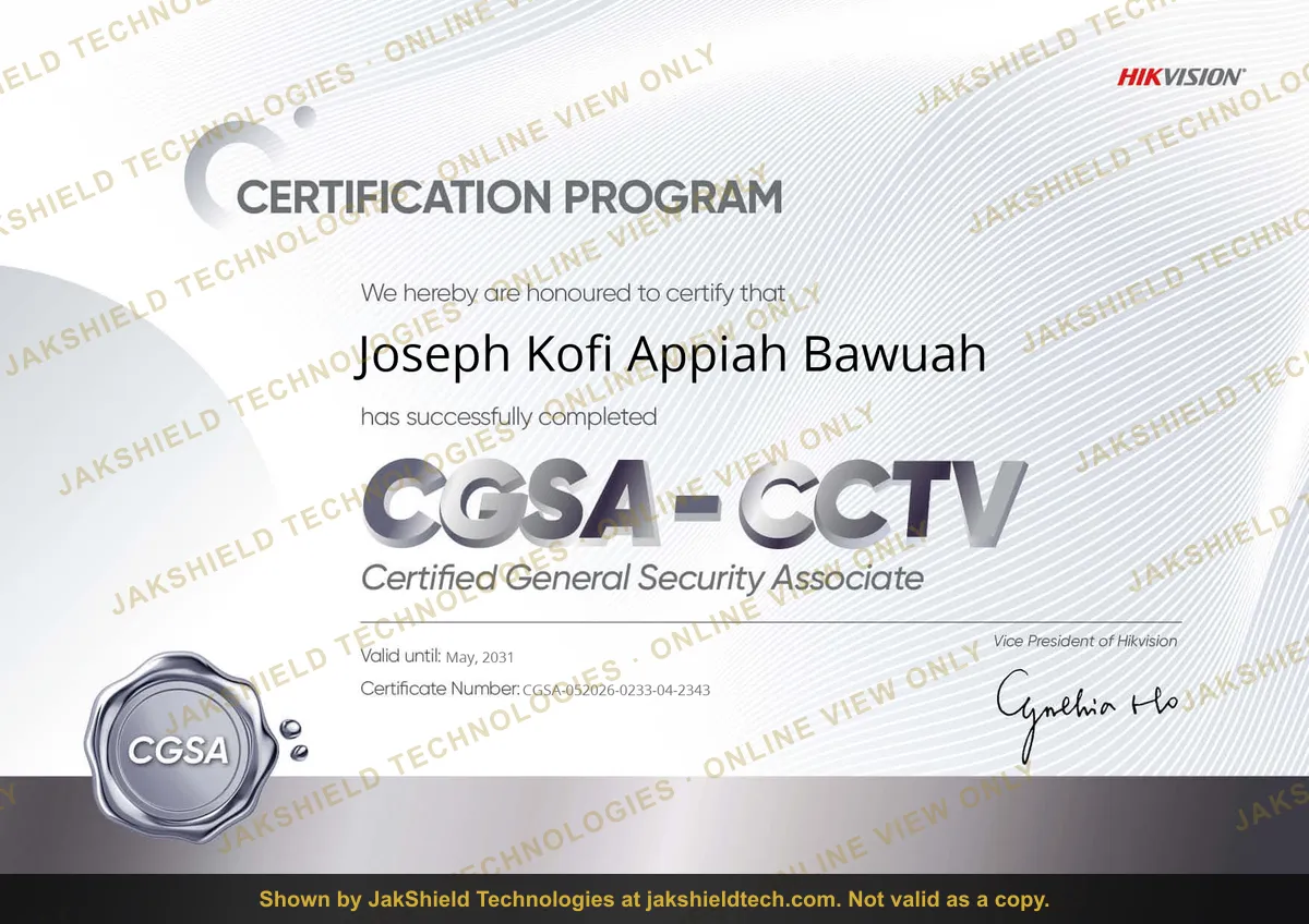 Hikvision Certification Program certificate awarding CGSA-CCTV, Certified General Security Associate, to Joseph Kofi Appiah Bawuah, valid until May 2031. Watermarked by JakShield Technologies.