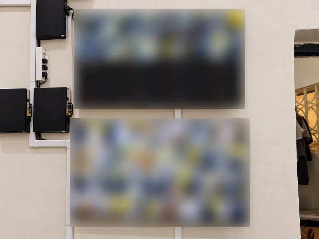 Wall-mounted monitors showing multiple camera views in a client's control room
